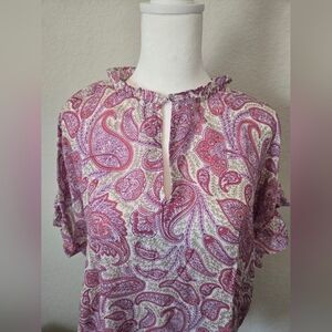 J. Jill Pink and Cream Paisley Ruffle Sleeve Blouse